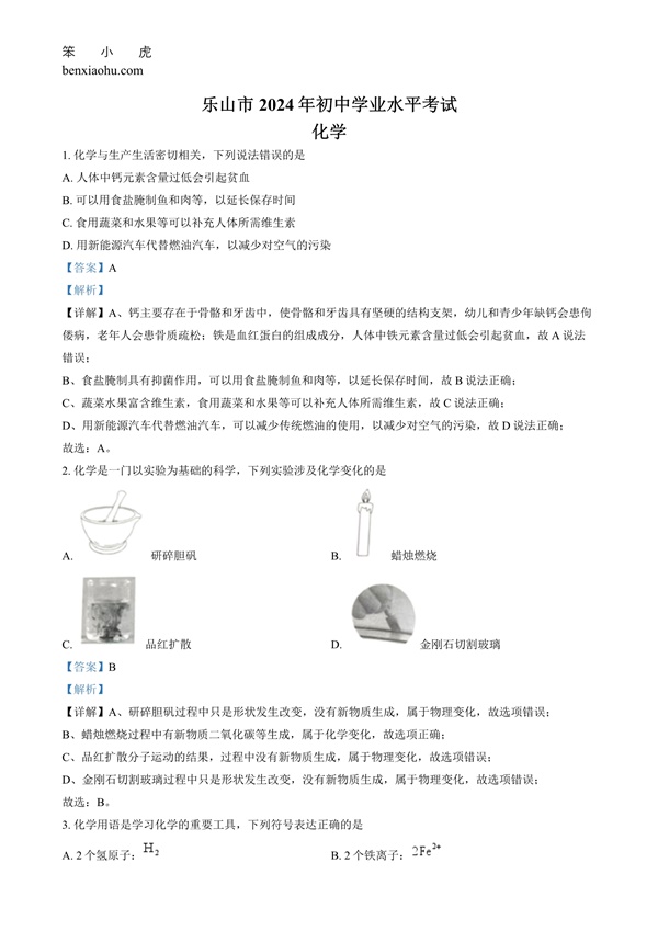 2024年四川省乐山市中考化学真题原卷和答案解析版.docx免费下载-笨小虎