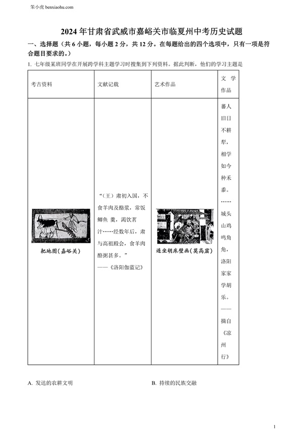 2024年甘肃省武威市嘉峪关市临夏州中考历史试题原卷和答案解析版.docx免费下载-笨小虎